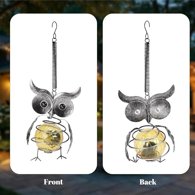 Calenzana Silver Owl Outdoor Solar Garden Light, Waterpoof Hanging Solar Light for Yard Patio Backyard Porch, Gifts for Women Mom Grandma