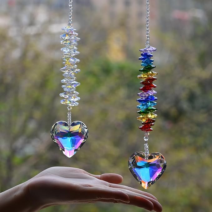 2PCS Heart Crystal Suncatcher Prisms for Windows (Exquisite Heart) | Exquisite, AB Color, Transparent, K9 Glass, Rainbow Maker, with Hooks & Cord
