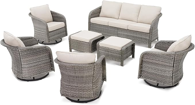 Belord 7 Pieces Patio Furniture Sets - High Back Outdoor Sectional Couch with Wicker Swivel Rocker Chairs, Rattan Ottomans with Side Table for Deck Garden Porch Balcony Grey/Beige
