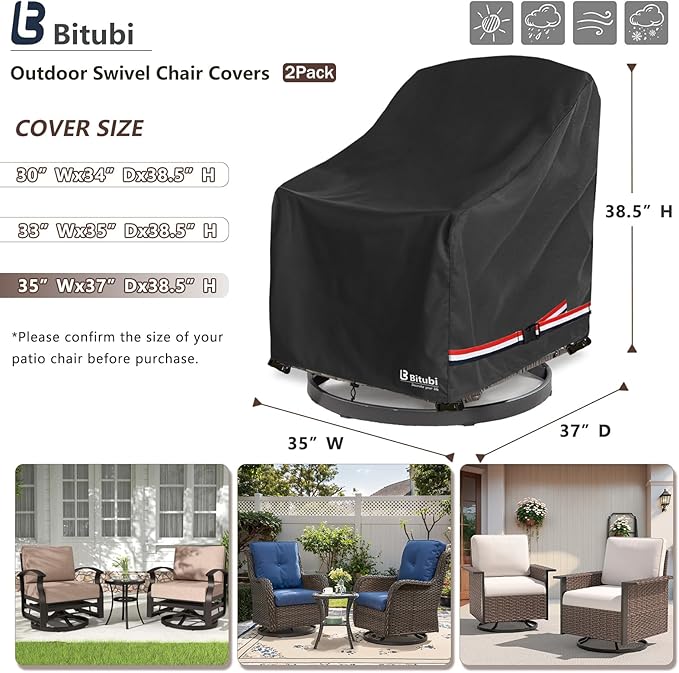 Bitubi Waterproof 2 Pack Outdoor Swivel Chair Cover for Patio Chair Size Up to 35W x 37D x 38.5H inch,Outdoor Lawn Patio Furniture Covers (Black)