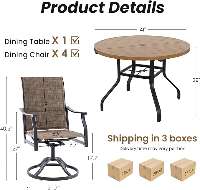 Soohow Patio Dining Set for 4, 5-Piece Round Outdoor Dining Set 4 x Swivel Patio Chairs and 41" Round Outdoor Dining Table with 1.57" Umbrella Hole, Wood-Like, for Poolside, Backyard