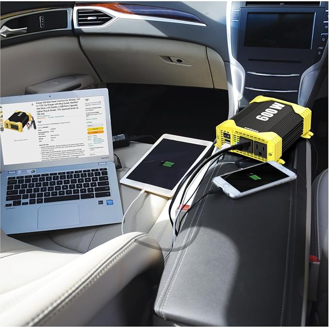 K KRIËGER 600 Watt Power Inverters for Vehicles, 12V to 110V, Car Charger with Plug Outlet, Modified Sine Wave, 2 AC Outlets, USB Ports, Cigarette Lighter & Clamps - ETL Approved Under UL STD 458