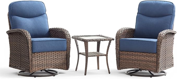 Luxury Wicker Patio Furniture Set with 6-Inch Thick Cushions, 3 Pieces Outdoor Swivel Rocker Patio Chairs Set of 2 with Rattan Side Table, Outdoor Patio Conversation Sets for Garden Deck, Blue