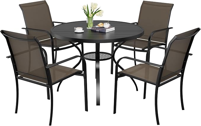 5-Piece Patio Dining Set,4 Person Outdoor Table and Chairs Set, 4 Metal Dining Chairs and Round Outdoor Table with 1.57" Umbrella Hole,Khaki