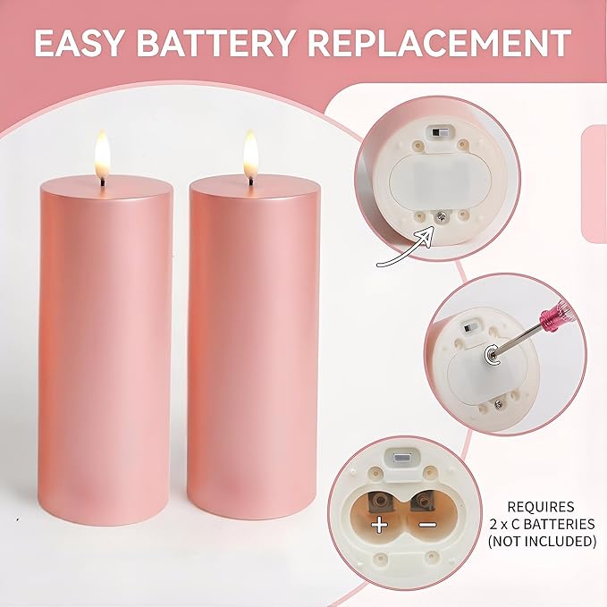 Pink Flameless Pillar Candles 3x8 Set of 2, Outdoor Battery Candles for Room Decor, Weather-Resistant Decorative Candles for Table Centerpiece