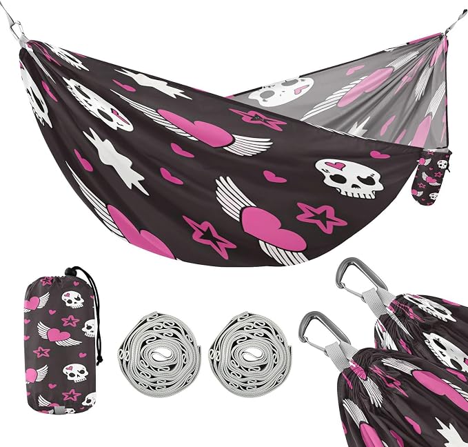 Skull Pink Heart Wings Star Camping Hammock, Portable Lightweight Single Hammock with Tree Straps and Aluminum Carabiners, 114" x 54" Travel Hammock for Hiking Backpacking Beach