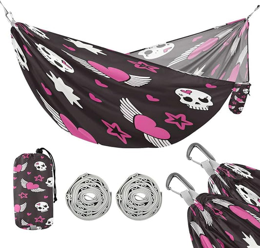 Skull Pink Heart Wings Star Camping Hammock, Portable Lightweight Single Hammock with Tree Straps and Aluminum Carabiners, 114" x 54" Travel Hammock for Hiking Backpacking Beach