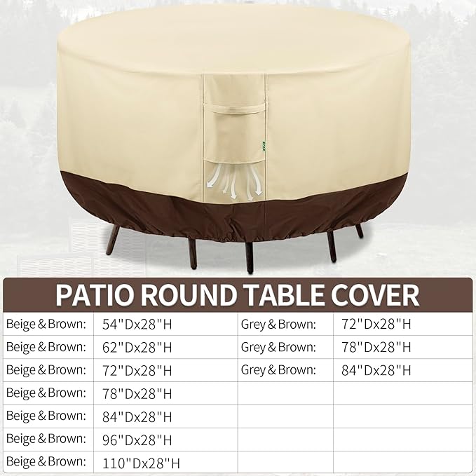 Round Patio Furniture Covers, 84" DIA x 28 H Waterproof Outdoor Furniture Cover for Patio Table & Chair Sets, 600D Heavy-duty UV-Resistant Fade-Proof Protection, Beige & Brown