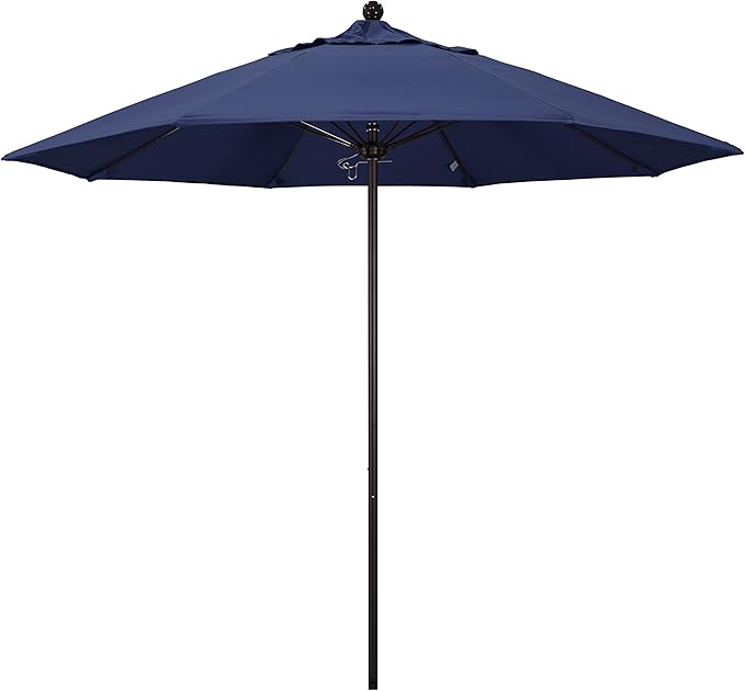 California Umbrella 9' Round Aluminum/Fiberglass Umbrella, Push Open, Bronze Pole, Olefin Navy Blue Fabric