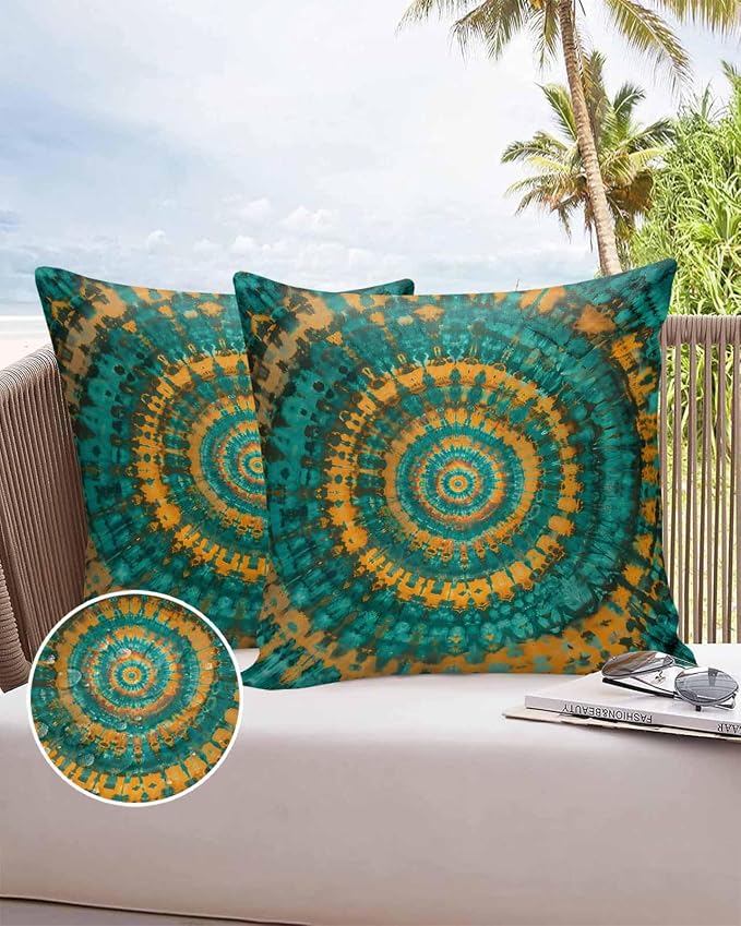 Vandarllin Outdoor Throw Pillows Covers 20x20 inch Set of 2 Waterproof Turquoise Yellow Tie-Dye Art Decorative Zippered Cushion Covers for Patio Furniture, Abstract Boho Tribe Lumbar Pillowcases