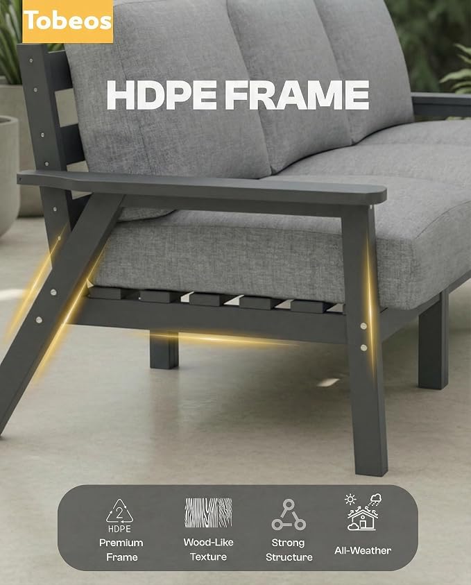 HDPE 5 Piece Patio Furniture Set, Outdoor Couch with Washable Thick Gray Cushions & Coffee Table, Outdoor Sectional Furniture for Backyard, Deck, Lawn, Porch (Gray Frame)