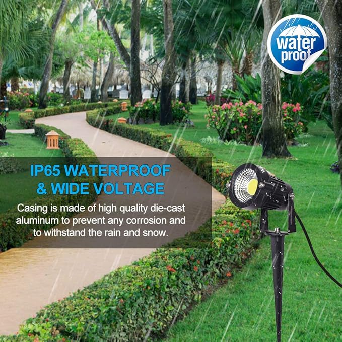 LED Landscape Spotlight Outdoor,IP65 Waterproof Garden Spotlights,5W AC 120V Yard Flood Light,Metal Ground Stake Lawn Lights,6500K LED Spotlight with 1.5M UL-Listed Cord and 3-Plug (2 Packs)