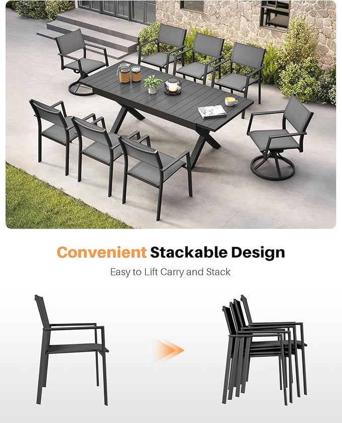 9 Pieces Expandable Outdoor Dining Table Set, Never-Rust Aluminum Patio Dining Set with 2 Swivel Chairs, Expandable Dining Table and 6 Stackable Textilene Chairs for Deck, Poolside, Black