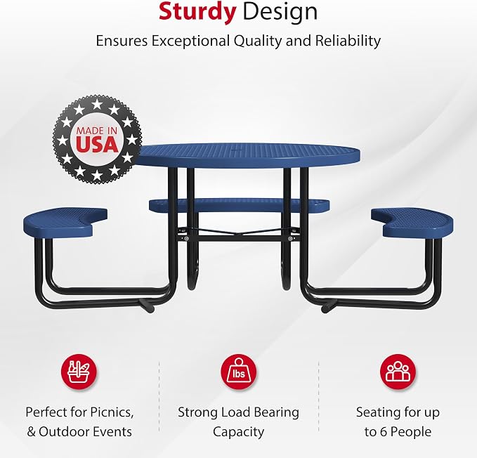 Leisure Craft Metal Picnic Table with Bench - 46" Round Outdoor Dining Table with Umbrella Hole, Heavy Duty Thermoplastic Coating, ADA Compliant, Commercial Grade Furniture Made in USA - Navy