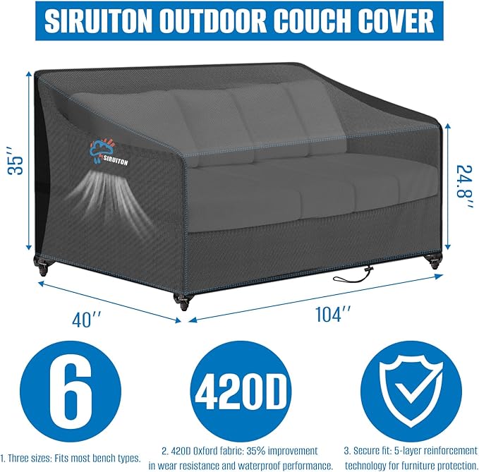 SIRUITON 3-Seat 104" W x 40" D x 35" H Garden Patio Sofa/Loveseat/Bench Cover, Heavy Duty 420D Oxford Waterproof Outdoor Sofa Cover, Lawn Patio Furniture Covers