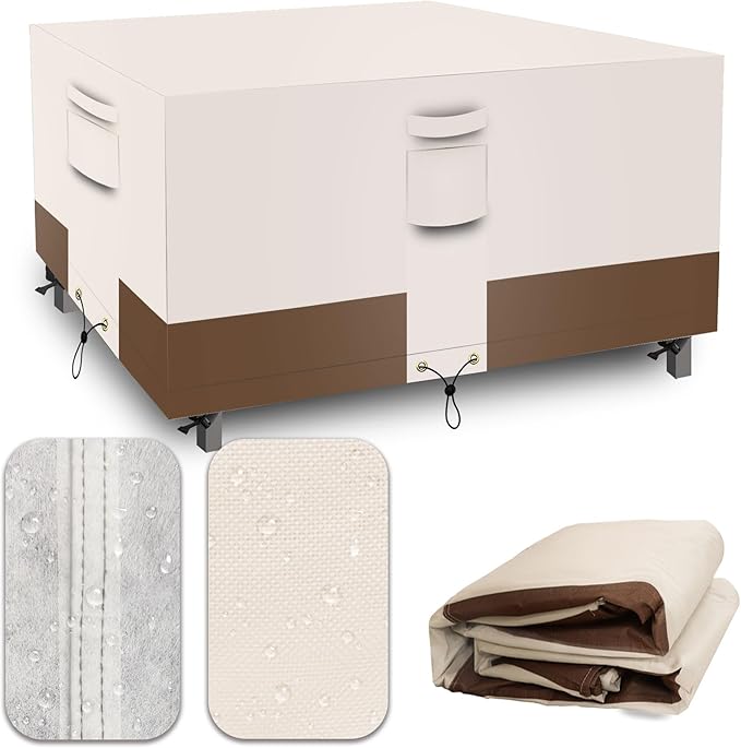 Square Heavy Duty Patio Table Covers Waterproof, 600D Outdoor Dining Table and Chair Set Covers, Outdoor Furniture Cover Waterproof for Sectional Sofa Couch 106''L x 106''W x 32''H, Beige Brown