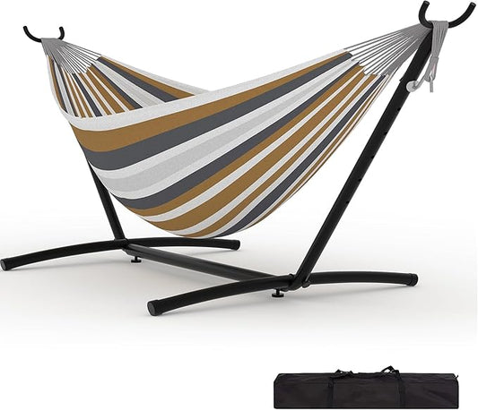 Double Hammock with Stand for Outside, 2 Person Heavy Duty Hammocks for Indoor Outdoor Patio with Carrying Bag, 450 Lbs Capacity, Space Saving Heavy-Duty Steel Stand