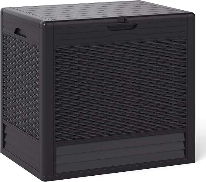 Tangkula 25 Gallon Outdoor Storage Box, Waterproof PP Resin Patio Storage Box with with Lockable Lid for Indoor & Outdoor Use, 2-in-1 Rattan Design Deck Box for Patio Cushions, Garden Tools