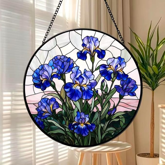 Stained Glass Window Hanging - Blue Iris Painting 7.8 Inches Suncatcher for Garden Home Decor for Women Mon Grandma Friends