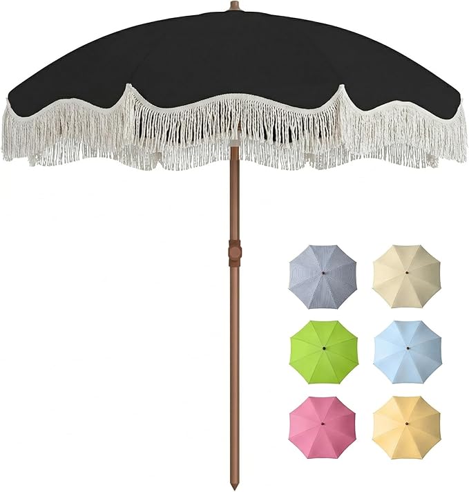 7FT Patio Umbrella with Fringe, Outdoor Tassel Umbrella with Fiberglass Ribs, Boho Beach Umbrella, Push Button Tilt and Carrying Bag, UPF50+