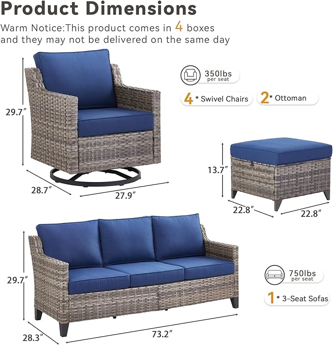 Outdoor Patio Furniture Set-7 Pieces All-Weather Wicker Outdoor Furniture with Swivel Patio Chairs Outdoor Patio Conversation Sets for Garden Porch Deck Grey/Blue
