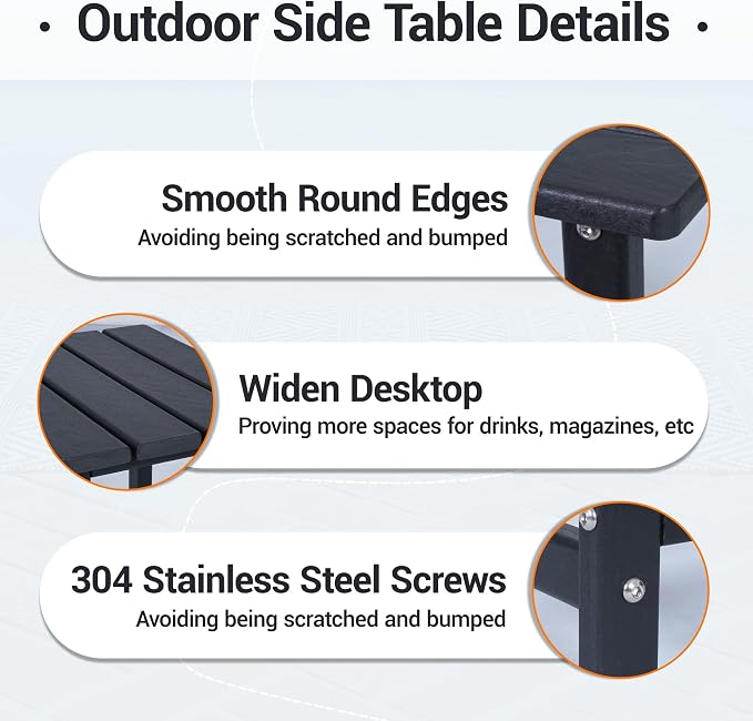 Outdoor Side Table Set of 2, HDPE Small Outdoor Table, Adirondack Side Table, Outside End Table for Patio, Porch, Deck, Pool, Indoor or Outside Use, Black