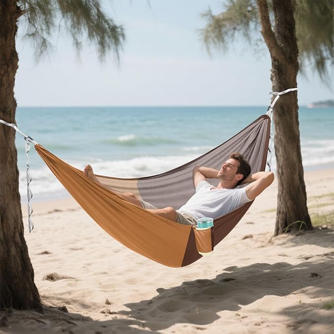 Brown Tones Geometric Camping Hammocks with Hanging Rope Hammock for Outside Essentials