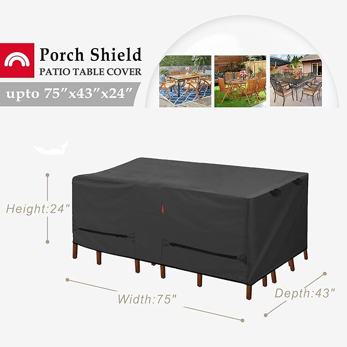 Porch Shield Patio Table Cover - Waterproof Outdoor Dining Table and Chairs Furniture Set Cover Rectangular - 75 x 43 inch, Black