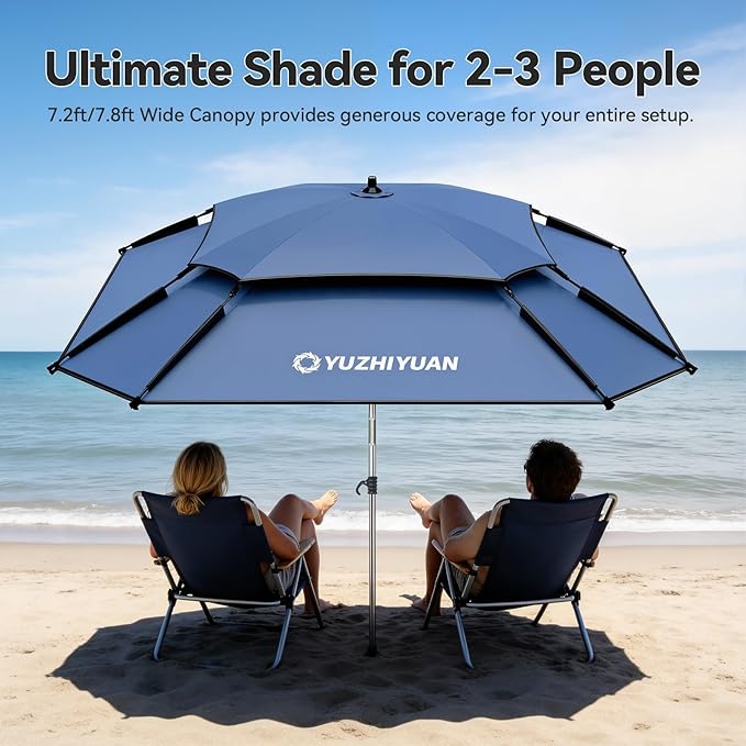 Patio Umbrella with Exclusive Black Coating, 7.2ft/7.8ft Heavy-Duty Double-Layer Nylon Canopy, Adjustable Tilt Sun Shade Outdoor Table Umbrella, UV Protection & Carry Bag for Beach, Fishing, Backyard