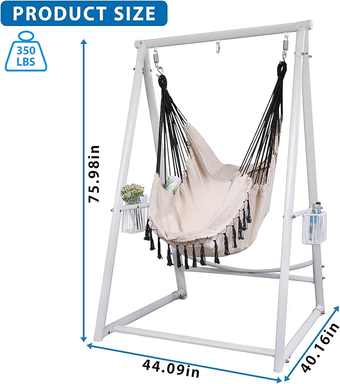 Hammock Chair with Stand Hanging Rope Swing Chair, Heavy-Duty Steel Max 350 LBS Capacity for Indoor Outdoor Patio Garden Balcony (White)