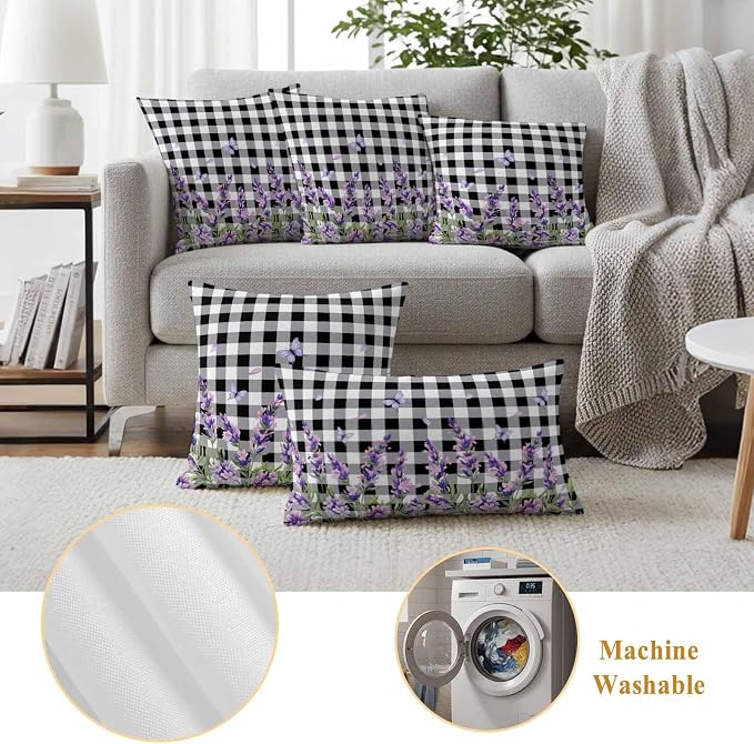 Lavender Floral Outdoor Waterproof Pillow Covers, Purple Flowers Butterfly Black Gray Plaid Decorative Square Throw Pillowcase Sofa Cushion Sham for Patio/Couch/Chair, 26"x26" 2 Pack