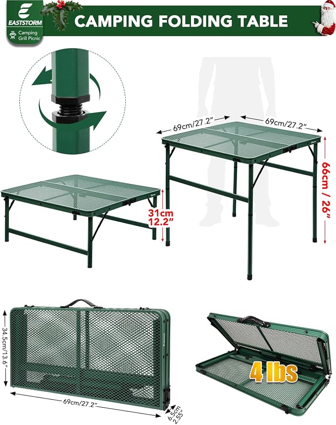 Square Folding Card Table with Adjustable Height (12" & 26"), Green Portable Metal Mesh Table for Camping, BBQ, Picnic, Game, Patio & Indoor Use, Fits 2–4 People, Lightweight 7.6 lb, Supports 66 lb