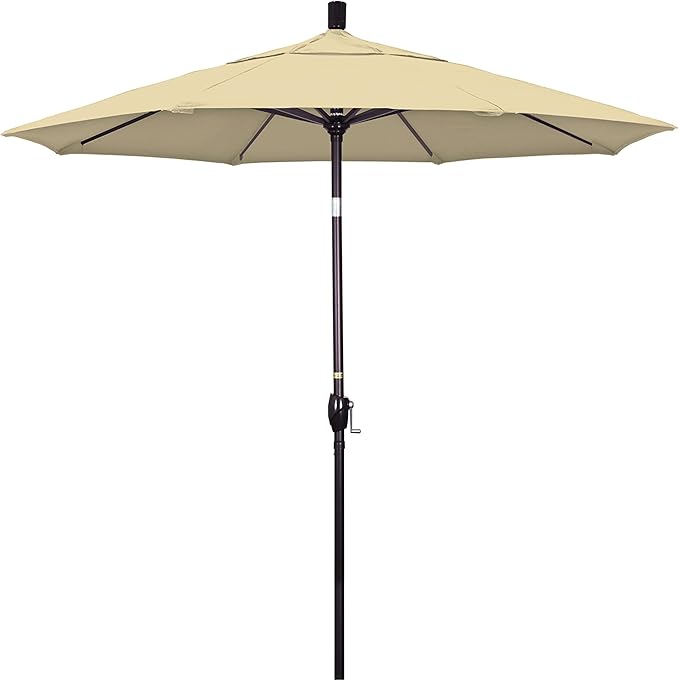 California Umbrella 7.5' Round Aluminum Market Umbrella, Crank Lift, Push Button Tilt, Bronze Pole, Sunbrella Antique Beige