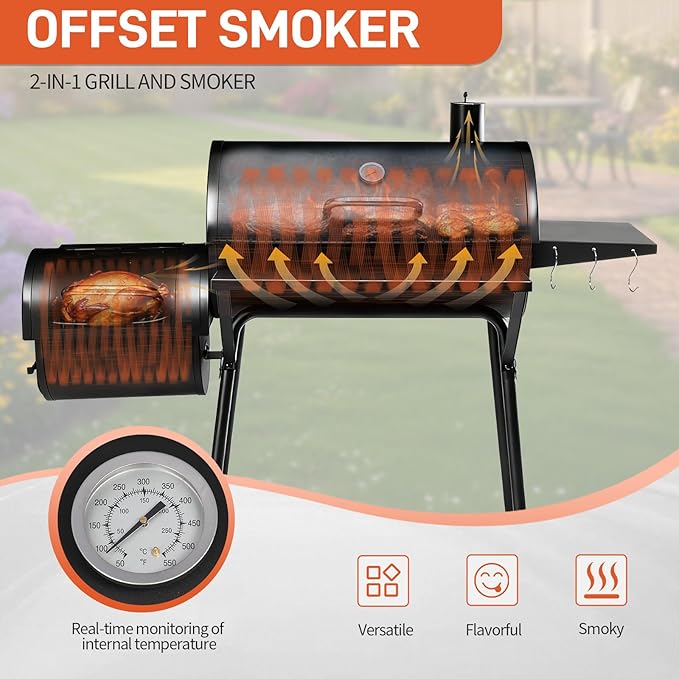 VINGLI Barrel Charcoal Grill with Offset Smoker, Built-in Lifting Carbon Mesh, Large Charcoal Barbecue Smoker Grill Combo for Outdoor Backyard Patio Camping Parties 52 × 20 × 44 inch