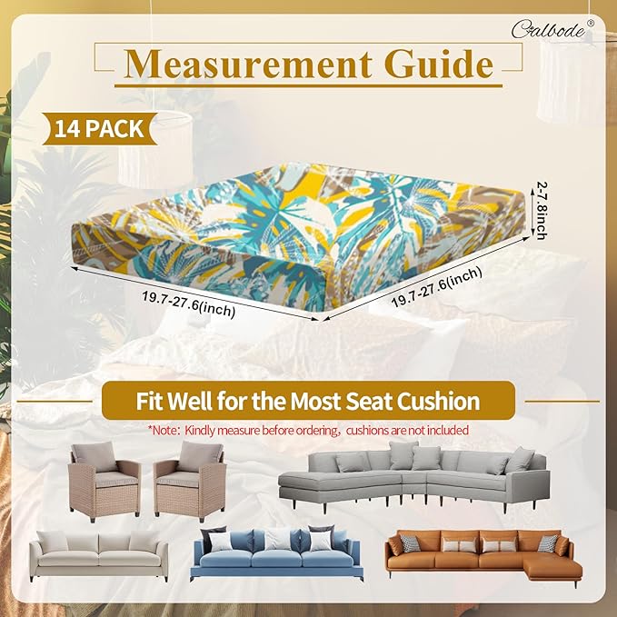 CALBODE 14pcs Outdoor Tropical Plant Printed Sofa Seat Cushion Covers Strechable, Dustproof Elastic Half-Covered Sofa Covers Washable Reusable Patio Furniture Protector（Blue and Yellow, Cover Only）