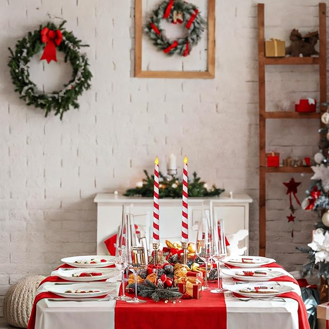 6PCS Christmas Flameless Taper Candles - Candy Cane Red and White Stripes Flickering Battery Operated LED Candles for Xmas Centerpiece Holiday Party, Wedding, Winter Home Decoration