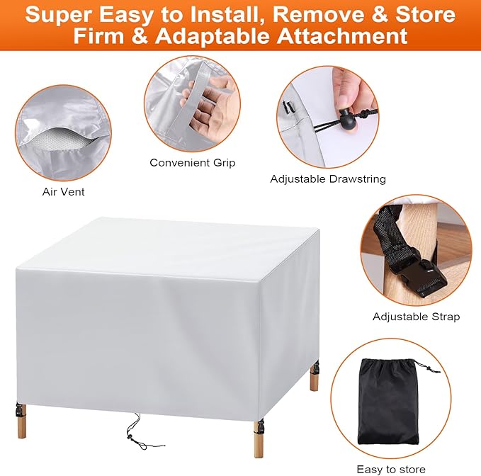 Patio Furniture Cover Rectangle 60"(L) x 36"(W) x 40"(H), Custom Heavy Duty 420D Waterproof Outdoor Cover with Drawstring & Buckles for Table Chair Garden, Silver