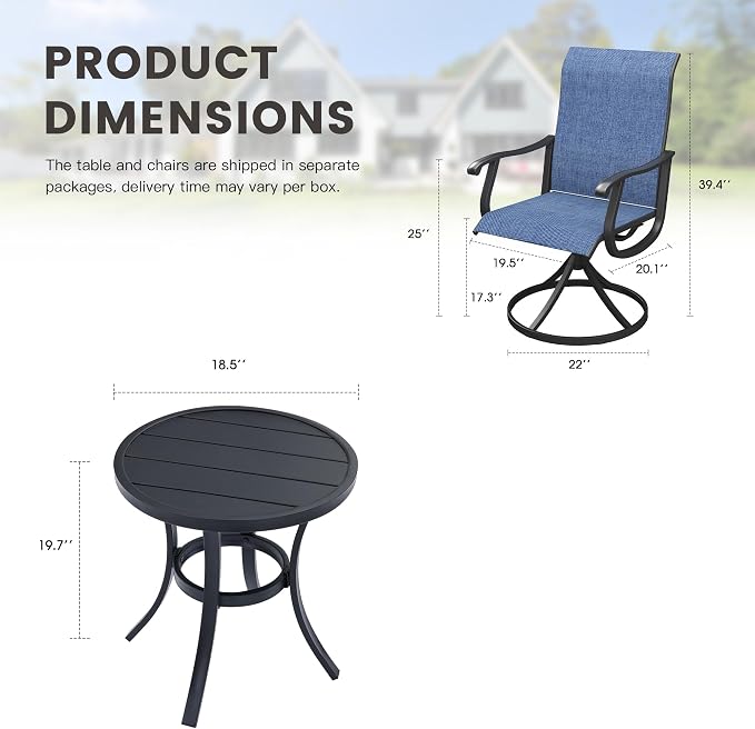 Outdoor Dining Set for 2, 18.5" Metal Round Patio Side Table and Sling Patio Swivel Chairs, 3 Pieces Patio Table and Chairs Set for Garden Backyard, Dark Blue and Black