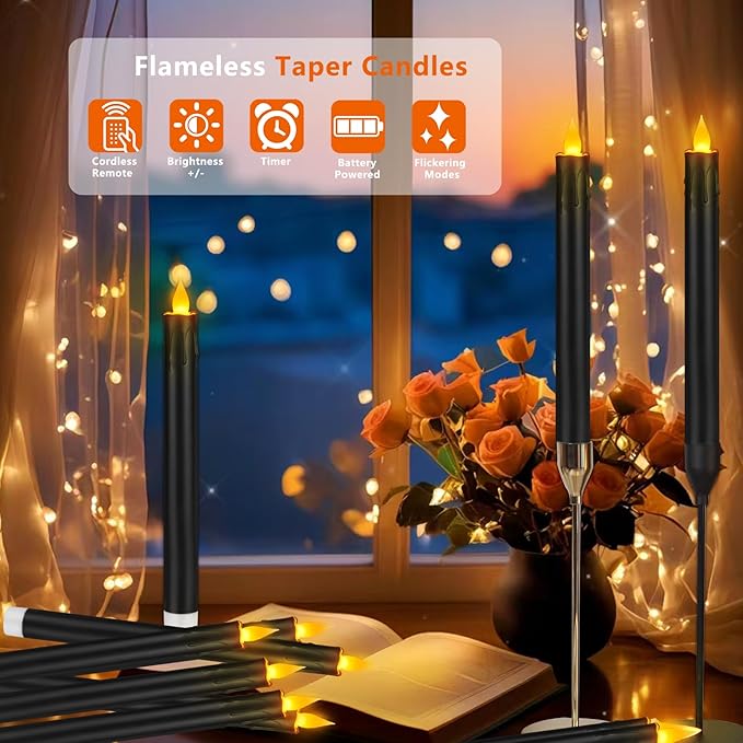 wemarry Flameless Taper Candles 10.6" Dripless Battery Operated Taper Candles Included Remote Timer 400+ Hours by 2AA Batteries for Halloween Christmas Wedding (Black, 6 Pack)