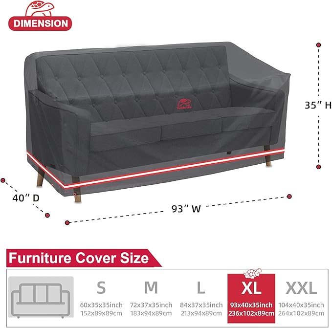 Turtle Life Patio Sofa Cover, Outdoor Heavy Duty Durable UV Water Resistant Anti-Fading Loveseat Cover with 2 Upgrade Air Vents and 2 Buckles, Black, 93" W x 40" D x 35" H