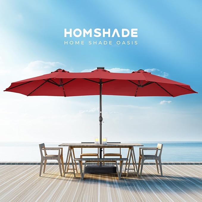 HOMSHADE Double Sided Patio Umbrellas - 15ft Solar Lights LED Lighted Outdoor Extra Large Market Table Umbrella with Base Included, Oversized Umbrella for Deck, Pool, Backyard
