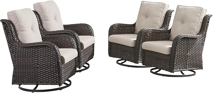HUMMUH Outdoor Swivel Rocker Wicker Patio Chairs High Back PE Rattan Glider Chairs 4PCS Patio Furniture Set(Brown,Beige)