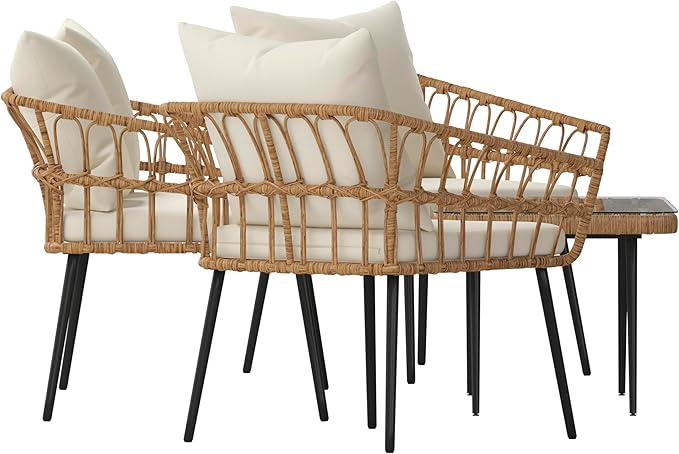 Flash Furniture Evin Boho 4 Piece Patio Conversation Set - Natural Rope Rattan - Cream All-Weather Cushions - Tempered Glass Top Coffee Table - Indoor/Outdoor