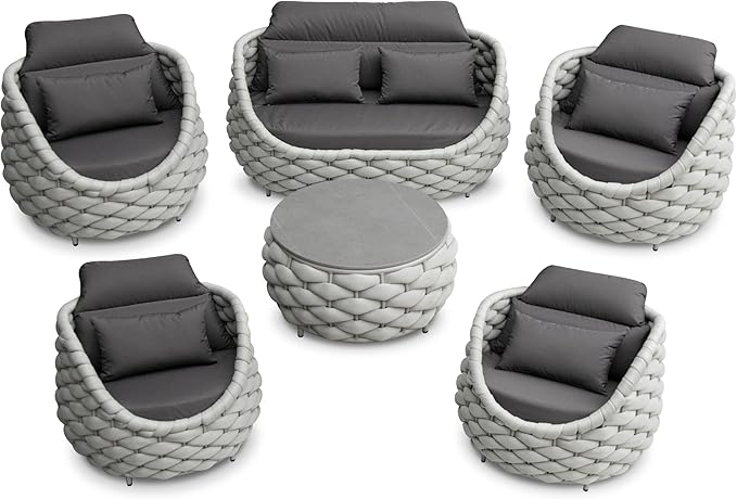 Cushioned Outdoor Patio Furniture Set: 6 Pieces Aluminum Porch Conversation Sofa Set - Modern Hand Woven Rope Deck Couch Set - No Assembly All Weather for 661lbs Yard Garden Poolside Hotel, Gray