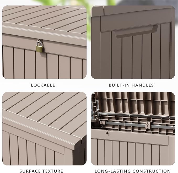 deck box,XXL 230 gallon Resin Large outdoor storage box waterproof and sunproof Loackable Suitable for patio furniture and outdoor garden tool storage (lightbrown)