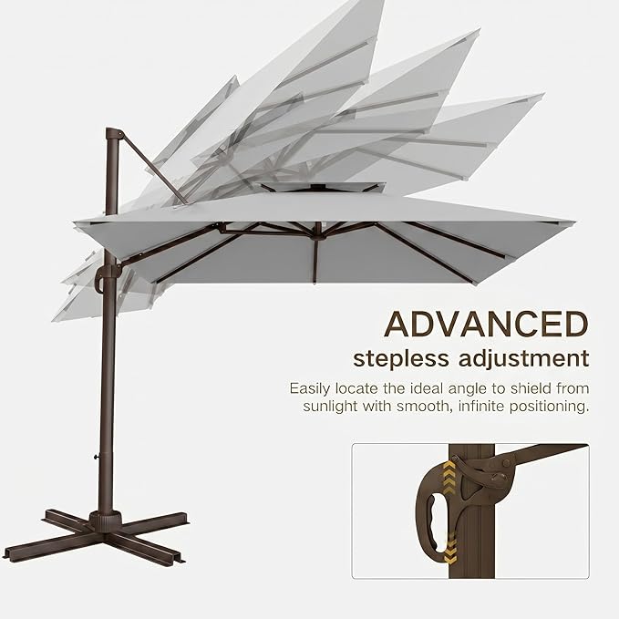 Kingdura Cantilever Patio Umbrella with Double Top Vent, Large Square Aluminum Outdoor Offset Umbrella with 360-degree Rotation, Infinite Tilt, UV Protection for Pool Deck Garden Patio