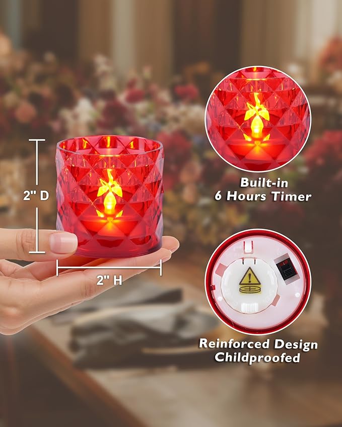 Homemory 2" x 2" Acrylic Votive Candle Holders with Auto Timer Flameless Led Tealight, Battery Powered Fake Electric Candles for Wedding Centerpiece, Table, Christmas Decor (6Pack, Red Base)