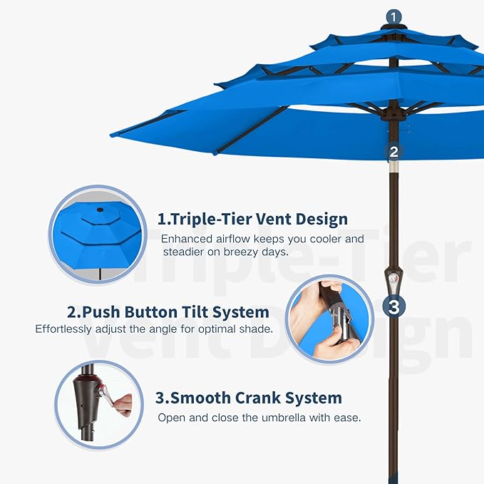 10FT Patio Umbrella 3 Tiers Outdoor Market Umbrella w/Push Button Tilt, Crank, UV and Waterproof Table Umbrella for Garden, Pool, Backyard, Deck, Lawn, Royal Blue