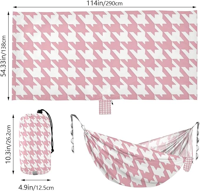 Classical Peach White Houndstooth 330lb Capacity Camping Hammocks with Portabl Carry Bag Portable Hammock for Outside Beach Patio Garden Silla colgante para Patio Exterior
