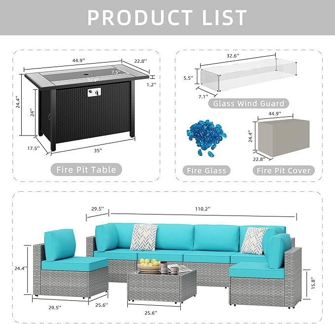 JAMFLY 8 Piece Outdoor Patio Furniture Set with Propane Fire Pit Table, All-Weather PE Wicker Rattan Sectional Sofa Set with Thick Cushions for Backyard, Garden, Poolside(Blue, Silver)
